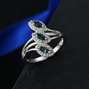 D'Joy Premium Monte Belo Indicolite and White Zircon 0.75 ctw Regal Tulip Garden Ring in Rhodium Over Sterling Silver (Size 8.0)