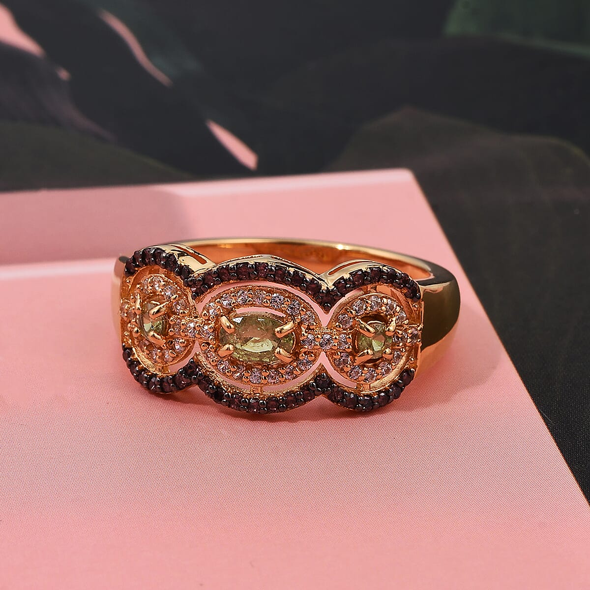 D'Joy Ambanja Demantoid Garnet, Coffee and White Zircon 1.10 ctw Greenfire Regal Ring in 18K Vermeil Yellow Gold Over Sterling Silver (Size 9.0) image number 1