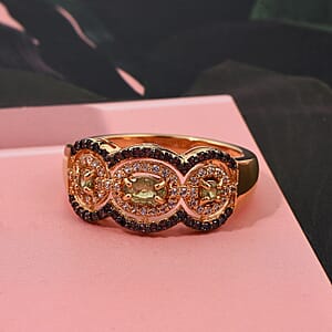 D'Joy Ambanja Demantoid Garnet, Coffee and White Zircon 1.10 ctw Greenfire Regal Ring in 18K Vermeil Yellow Gold Over Sterling Silver (Size 9.0)