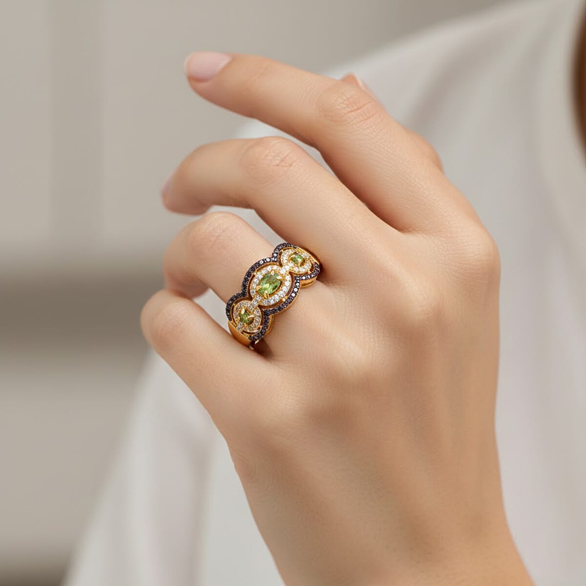 D'Joy Ambanja Demantoid Garnet, Coffee and White Zircon 1.10 ctw Greenfire Regal Ring in 18K Vermeil Yellow Gold Over Sterling Silver (Size 9.0) image number 2