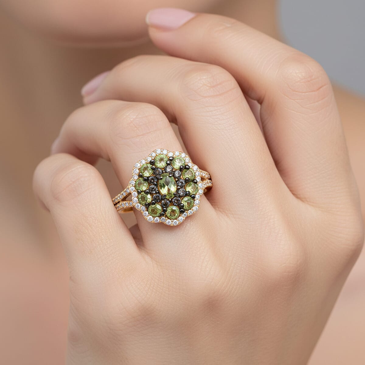 D'Joy Ambanja Demantoid Garnet and Multi Gemstone 1.65 ctw Greenfire Garden Ring in 18K Vermeil Yellow Gold Over Sterling Silver (Size 9.0) image number 2