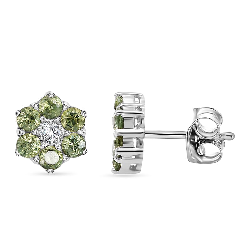 Premium Ambanja Demantoid Garnet and Luxuriant Lab Grown Diamond G-H SI 1.00 ctw Natures Bloom Studs Earrings in Rhodium Over Sterling Silver