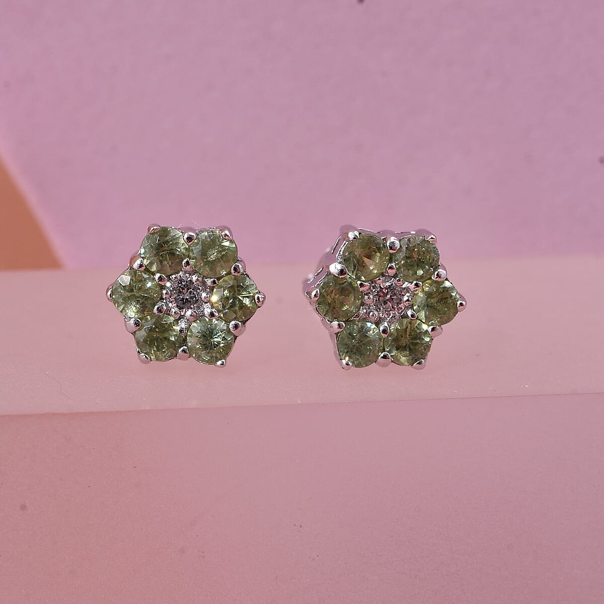 Premium Ambanja Demantoid Garnet and Luxuriant Lab Grown Diamond G-H SI 1.00 ctw Natures Bloom Studs Earrings in Rhodium Over Sterling Silver image number 1
