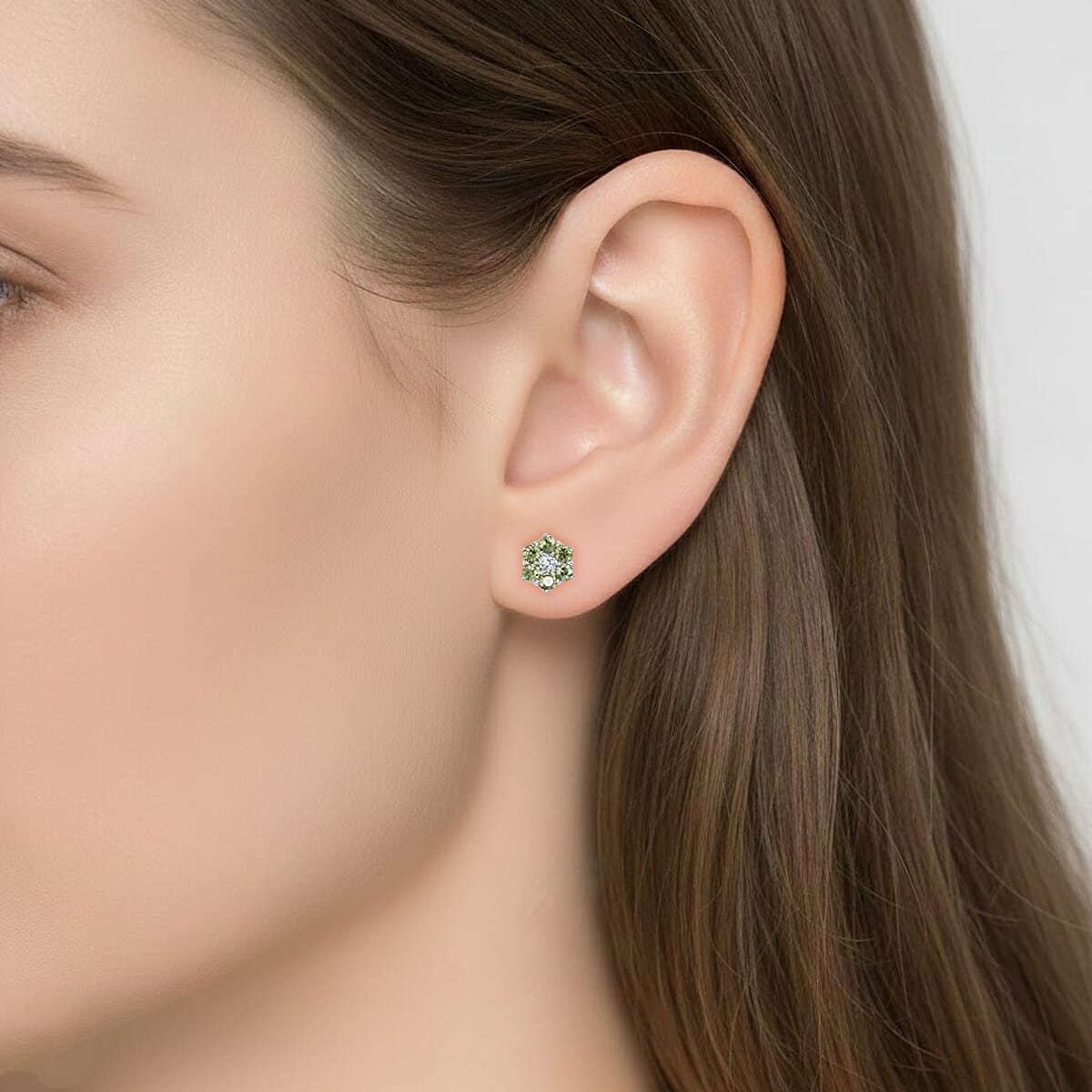 Premium Ambanja Demantoid Garnet and Luxuriant Lab Grown Diamond G-H SI 1.00 ctw Natures Bloom Studs Earrings in Rhodium Over Sterling Silver image number 2
