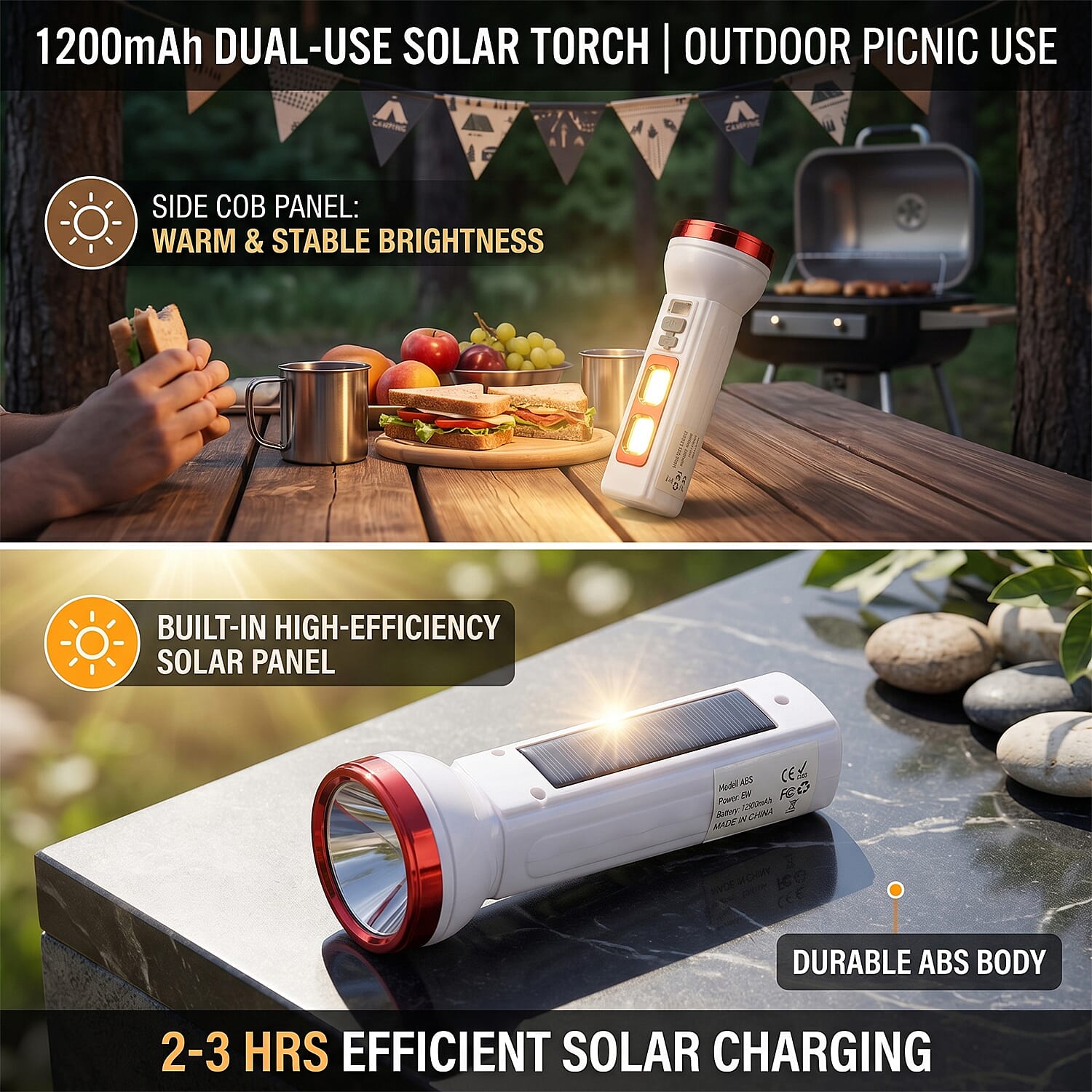 Red 1200mAh Solar Chargeable Torch