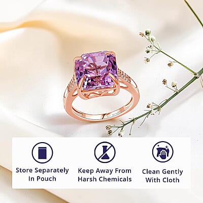 Luxoro AAAA Asscher Cut Patroke Kunzite and I2 Diamond 10.75 ctw Royal Crown Ring in 10K Rose Gold (Size 5.0)
