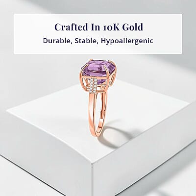 Luxoro AAAA Asscher Cut Patroke Kunzite and I2 Diamond 10.75 ctw Royal Crown Ring in 10K Rose Gold (Size 11.0)