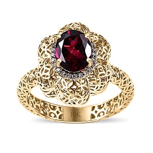Mirage Collection AAA Radiant Ember Garnet and Natural Champagne Diamond 1.50 ctw Vintage Floral Filigree Ring in 10K Yellow Gold (Size 6.5)