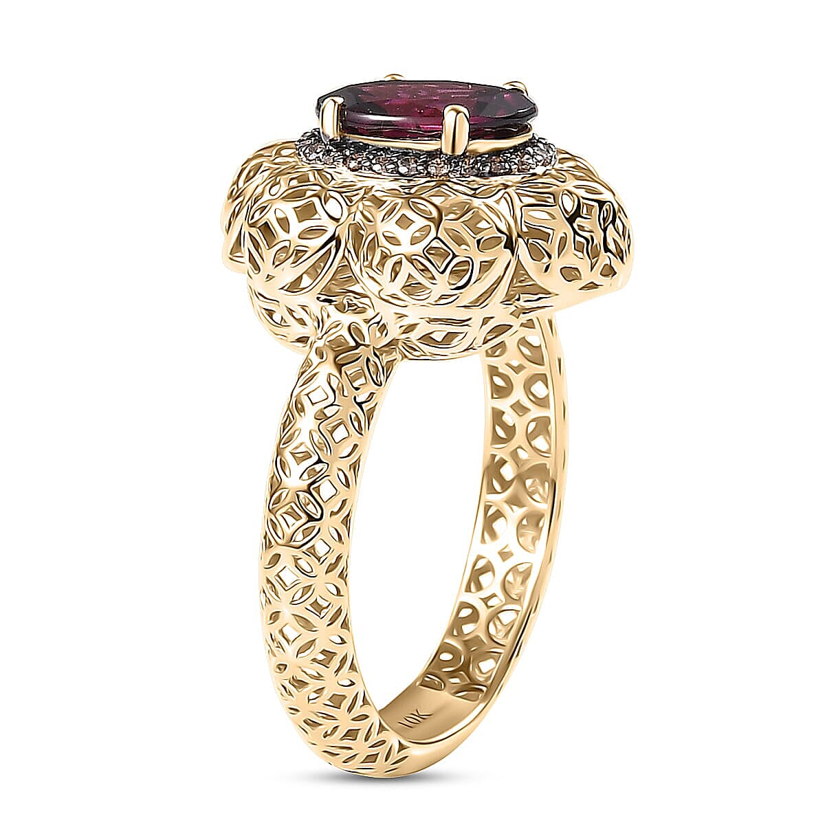 Mirage Collection AAA Radiant Ember Garnet and Natural Champagne Diamond 1.50 ctw Vintage Floral Filigree Ring in 10K Yellow Gold (Size 6.5) image number 3