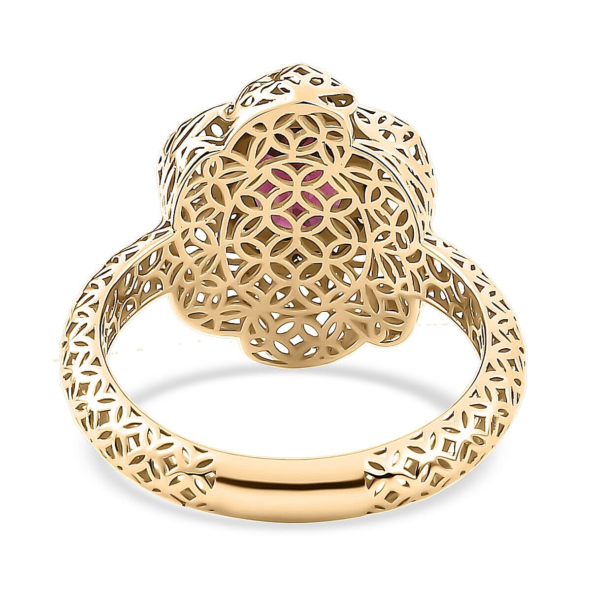 Mirage Collection AAA Radiant Ember Garnet and Natural Champagne Diamond 1.50 ctw Vintage Floral Filigree Ring in 10K Yellow Gold (Size 9.5) image number 4