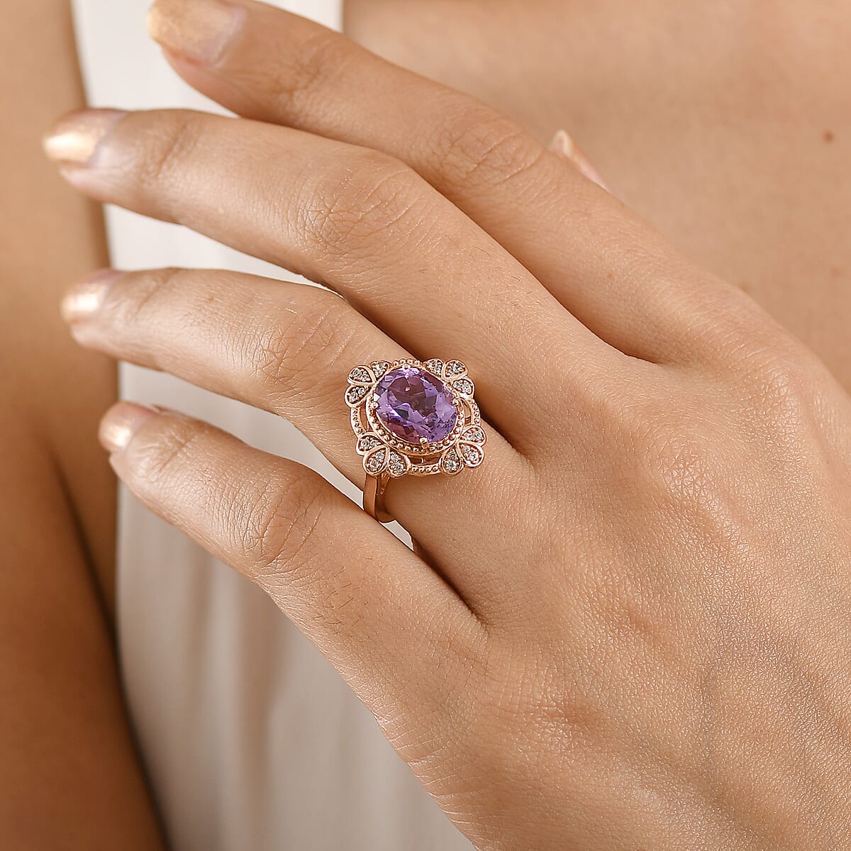 EverTrue Rose De France Amethyst and White Zircon 3.50 ctw Ring in 18K RG Plated (Size 10.0) image number 2