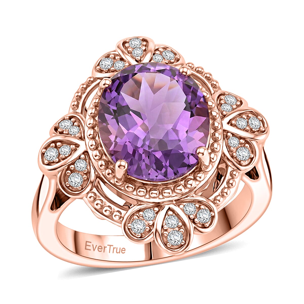 EverTrue Rose De France Amethyst, White Zircon Ring in 18K RG Plated (Size 10.0) 3.50 ctw