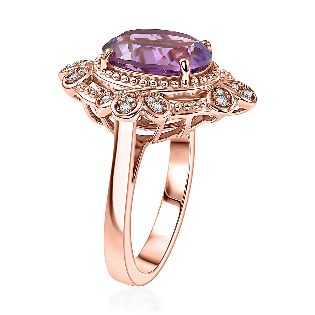 EverTrue Rose De France Amethyst and White Zircon 3.50 ctw Ring in 18K RG Plated (Size 7.0) image number 3