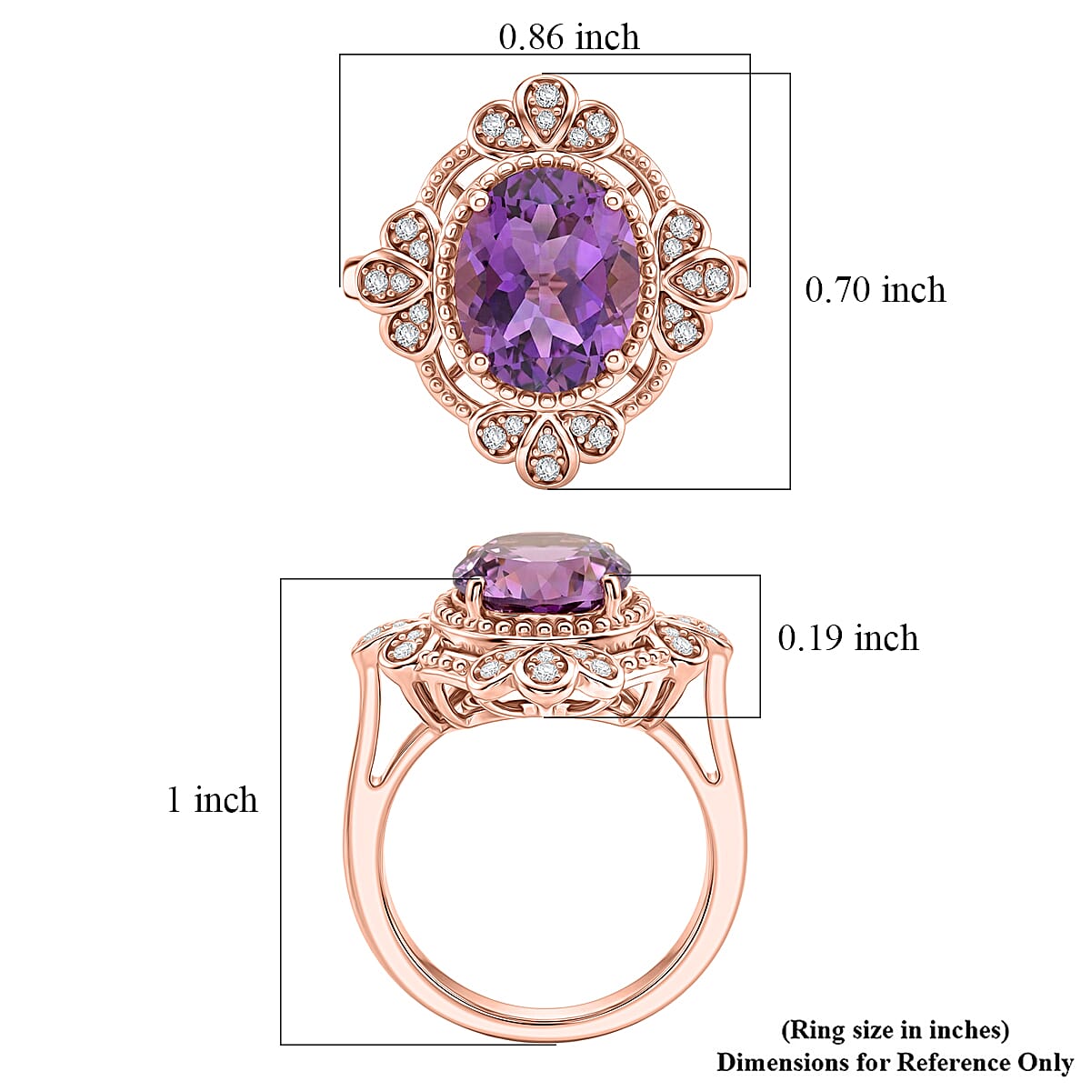EverTrue Rose De France Amethyst and White Zircon 3.50 ctw Ring in 18K RG Plated (Size 9.0) image number 5