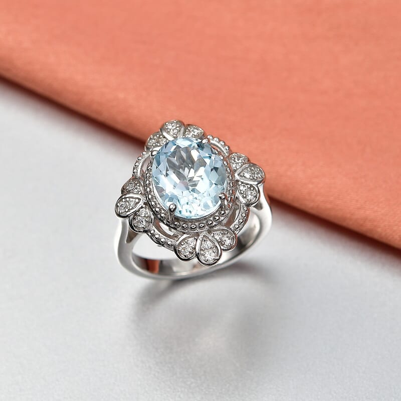 EverTrue Sky Blue Topaz and White Zircon 4.60 ctw Floral Majesty Ring in Platinum Bond (Size 10.0)