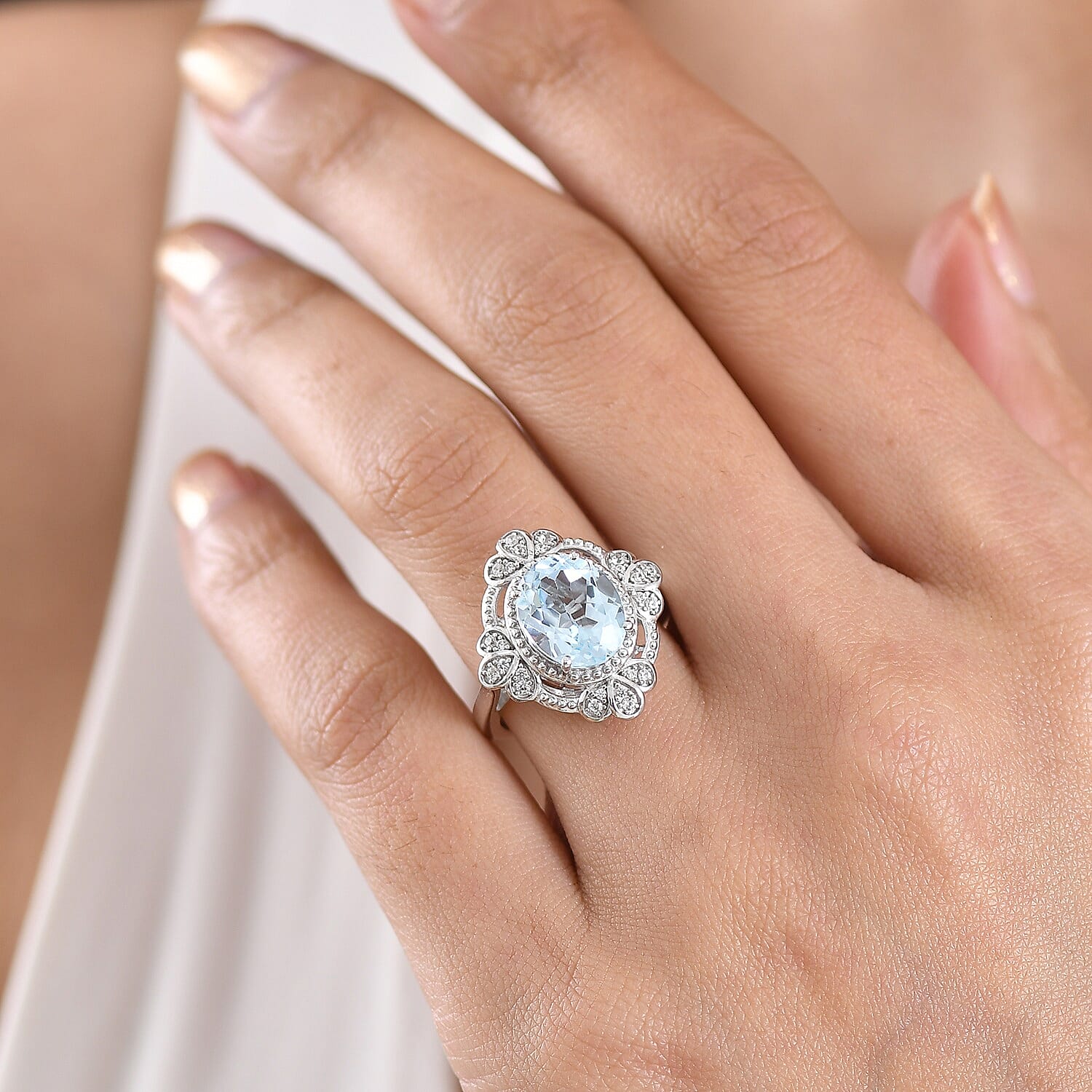 EverTrue Sky Blue Topaz and White Zircon 4.60 ctw Floral Majesty Ring in Platinum Bond (Size 10.0)