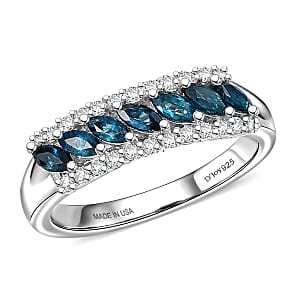 D'Joy Premium Monte Belo Indicolite and White Zircon 0.75 ctw Flowline Ring in Rhodium Over Sterling Silver (Size 10.0)