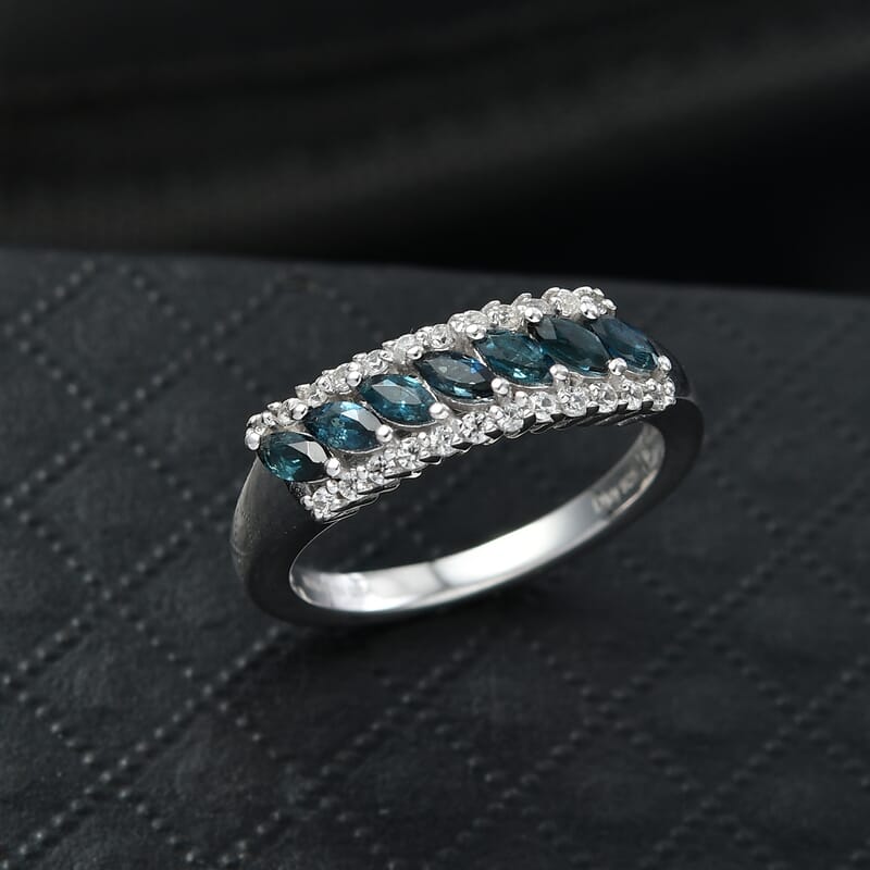 D'Joy Premium Monte Belo Indicolite and White Zircon 0.75 ctw Flowline Ring in Rhodium Over Sterling Silver (Size 10.0)