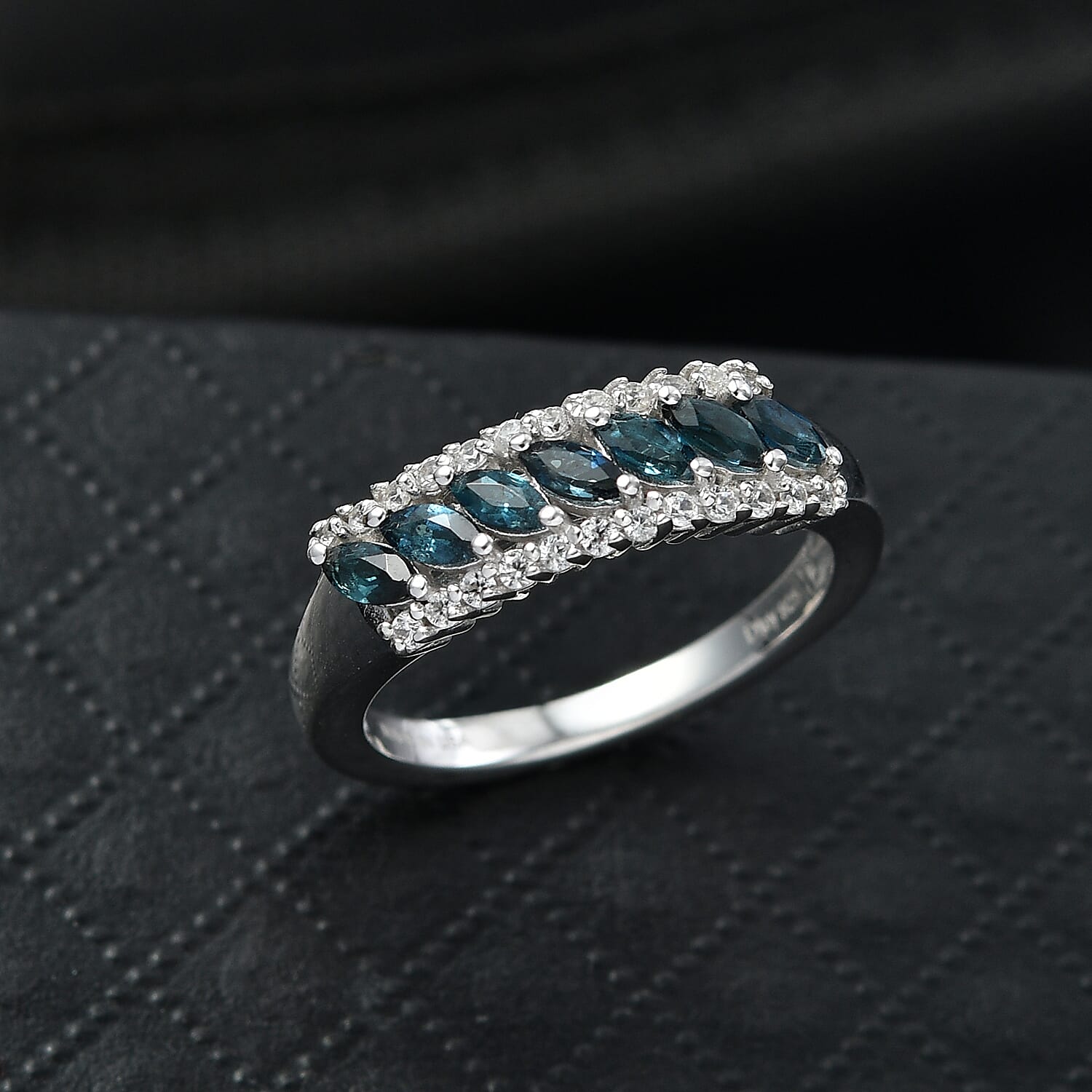 D'Joy Premium Monte Belo Indicolite and White Zircon 0.75 ctw Flowline Ring in Rhodium Over Sterling Silver (Size 7.0)