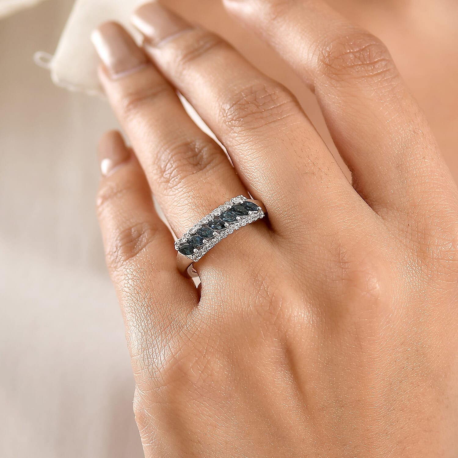 D'Joy Premium Monte Belo Indicolite and White Zircon 0.75 ctw Flowline Ring in Rhodium Over Sterling Silver (Size 7.0)