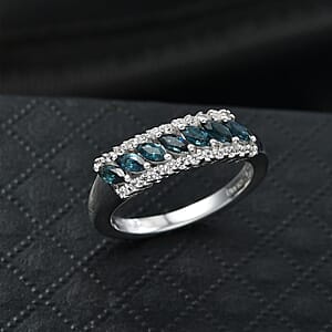 D'Joy Premium Monte Belo Indicolite and White Zircon 0.75 ctw Flowline Ring in Rhodium Over Sterling Silver (Size 8.0)