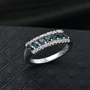 D'Joy Premium Monte Belo Indicolite and White Zircon 0.75 ctw Flowline Ring in Rhodium Over Sterling Silver (Size 9.0)