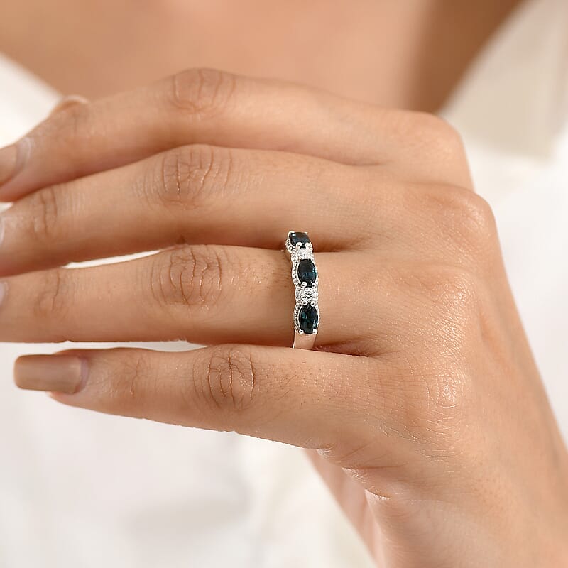 D'Joy AAA Monte Belo Indicolite and Moissanite 0.90 ctw Flowing Droplets Ring in Rhodium Over Sterling Silver (Size 10.0)