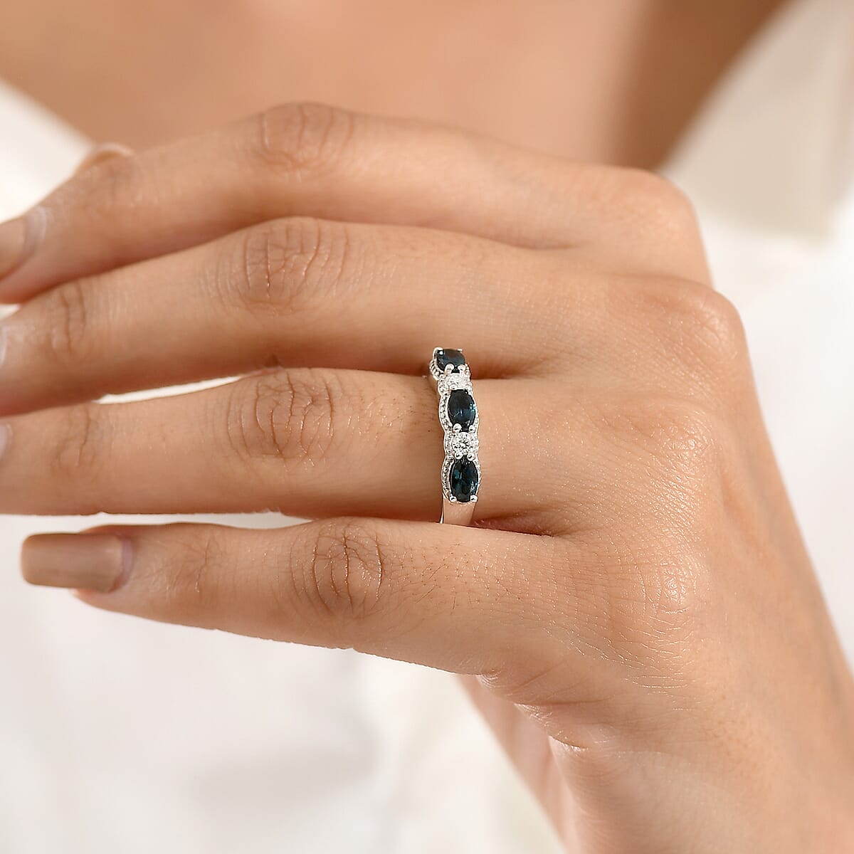 D'Joy AAA Monte Belo Indicolite and Moissanite 0.90 ctw Flowing Droplets Ring in Rhodium Over Sterling Silver (Size 6.0) image number 2