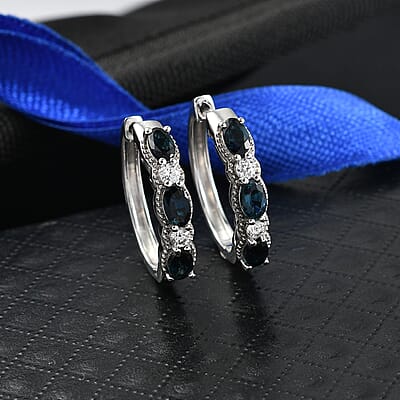 D'Joy Premium Monte Belo Indicolite and Moissanite 1.85 ctw Hoop Earrings in Rhodium Over Sterling Silver