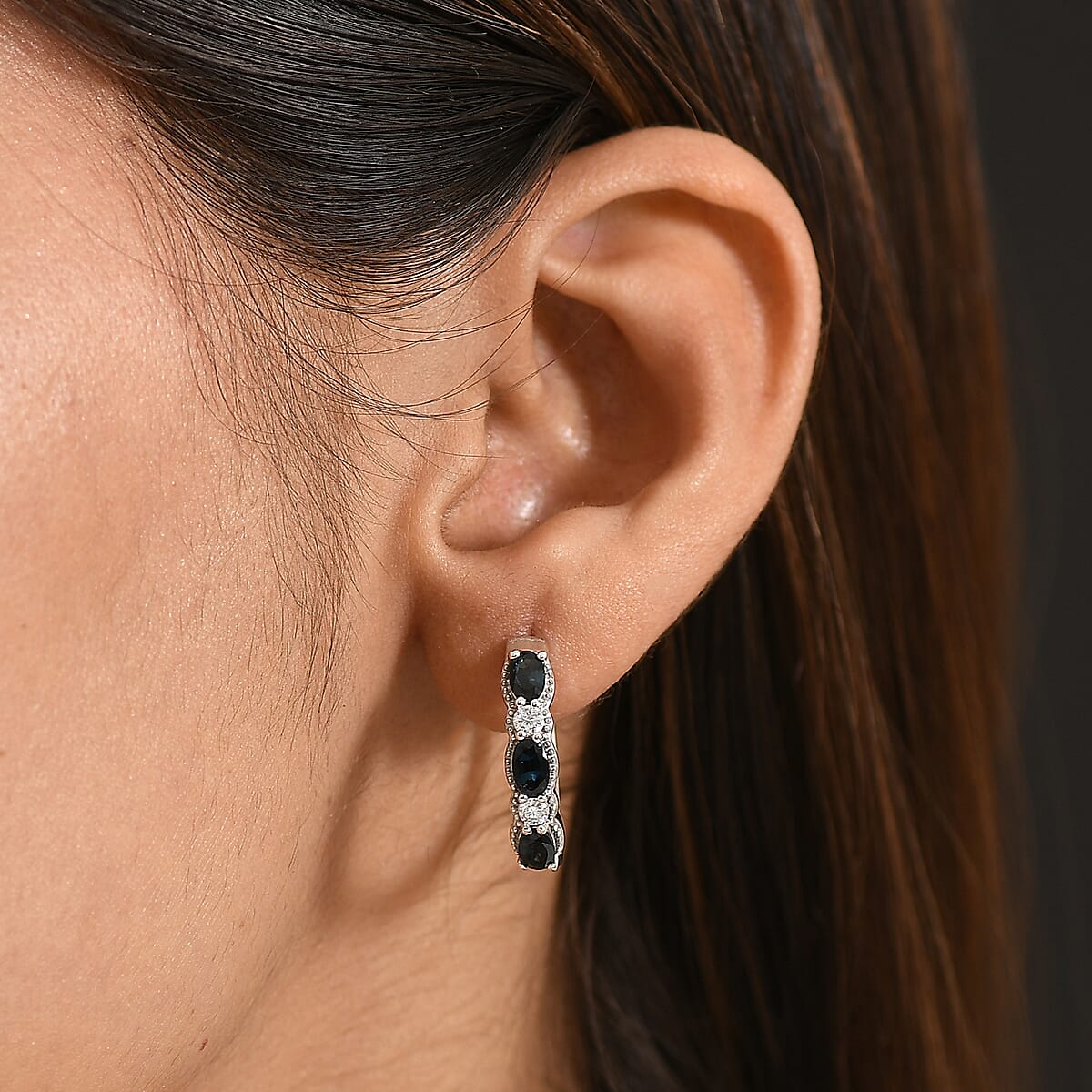 D'Joy Premium Monte Belo Indicolite and Moissanite 1.85 ctw Hoop Earrings in Rhodium Over Sterling Silver image number 2