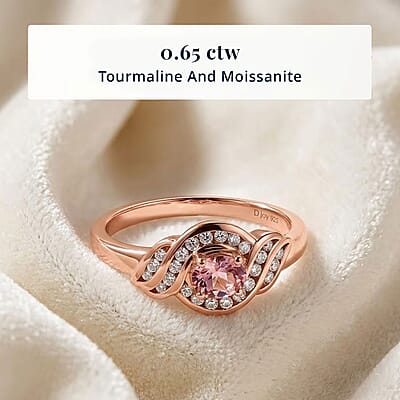 D'Joy Premium Blush Tourmaline and Moissanite 0.65 ctw Timeless Knot Ring in 18K Vermeil Rose Gold Over Sterling Silver (Size 10.0)