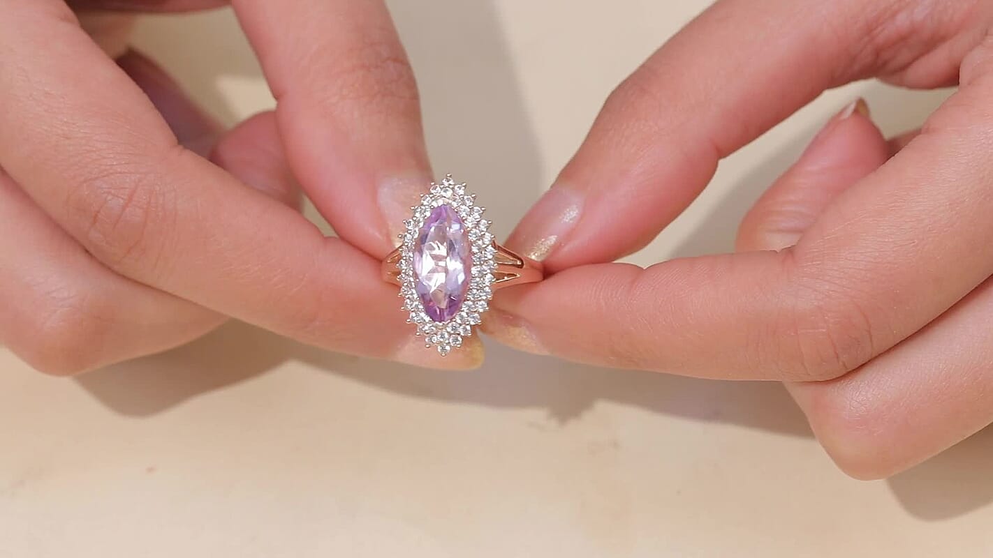EverTrue Rose De France Amethyst, White Zircon Ring in 18K RG Plated (Size 10.0) 4.90 ctw