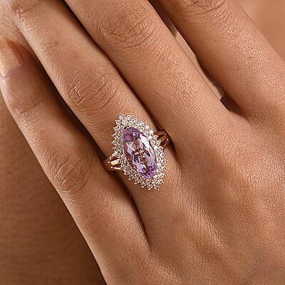 EverTrue Rose De France Amethyst and White Zircon 4.90 ctw Crown Radiance Ring in 18K RG Plated (Size 7.0)
