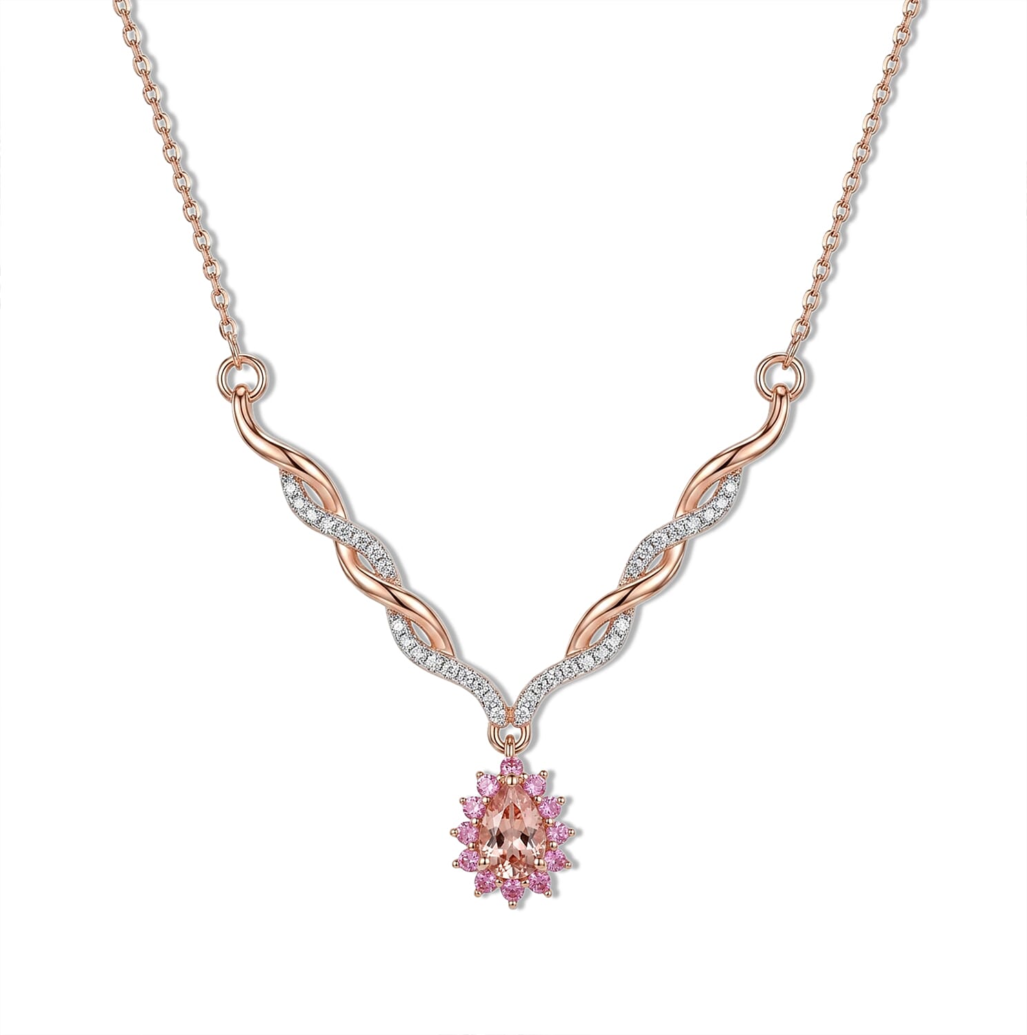 D'Joy Premium Blush Tourmaline and Multi Gemstone 1.00 ctw Blush Leafline Necklace in 18K Vermeil Rose Gold Over Sterling Silver (18 Inches)