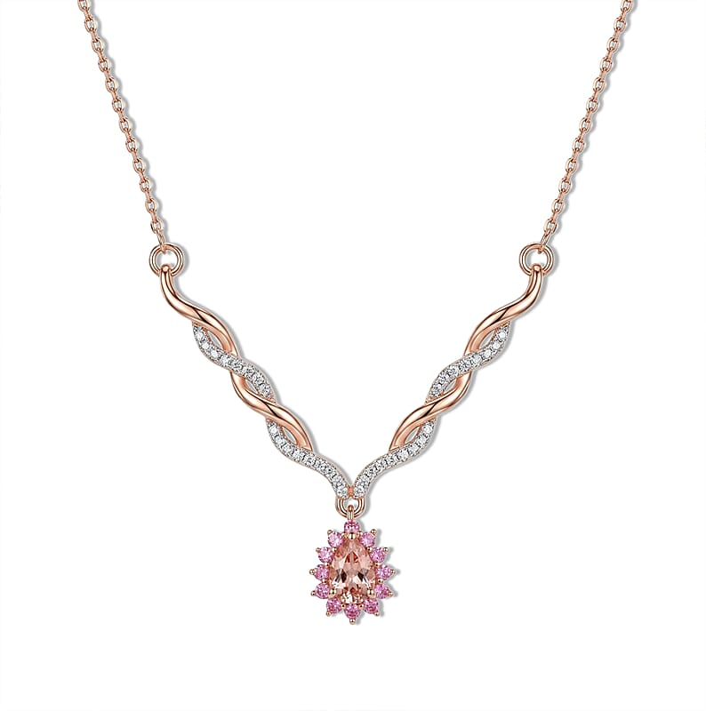 D'Joy Premium Blush Tourmaline and Multi Gemstone 1.00 ctw Blush Leafline Necklace in 18K Vermeil Rose Gold Over Sterling Silver (18 Inches)