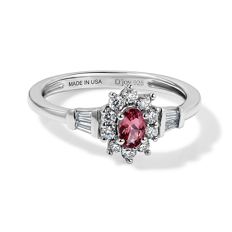 D'Joy Premium Blush Tourmaline and Moissanite 0.70 ctw Timeless Rose Halo Ring in Rhodium Over Sterling Silver (Size 5.0)