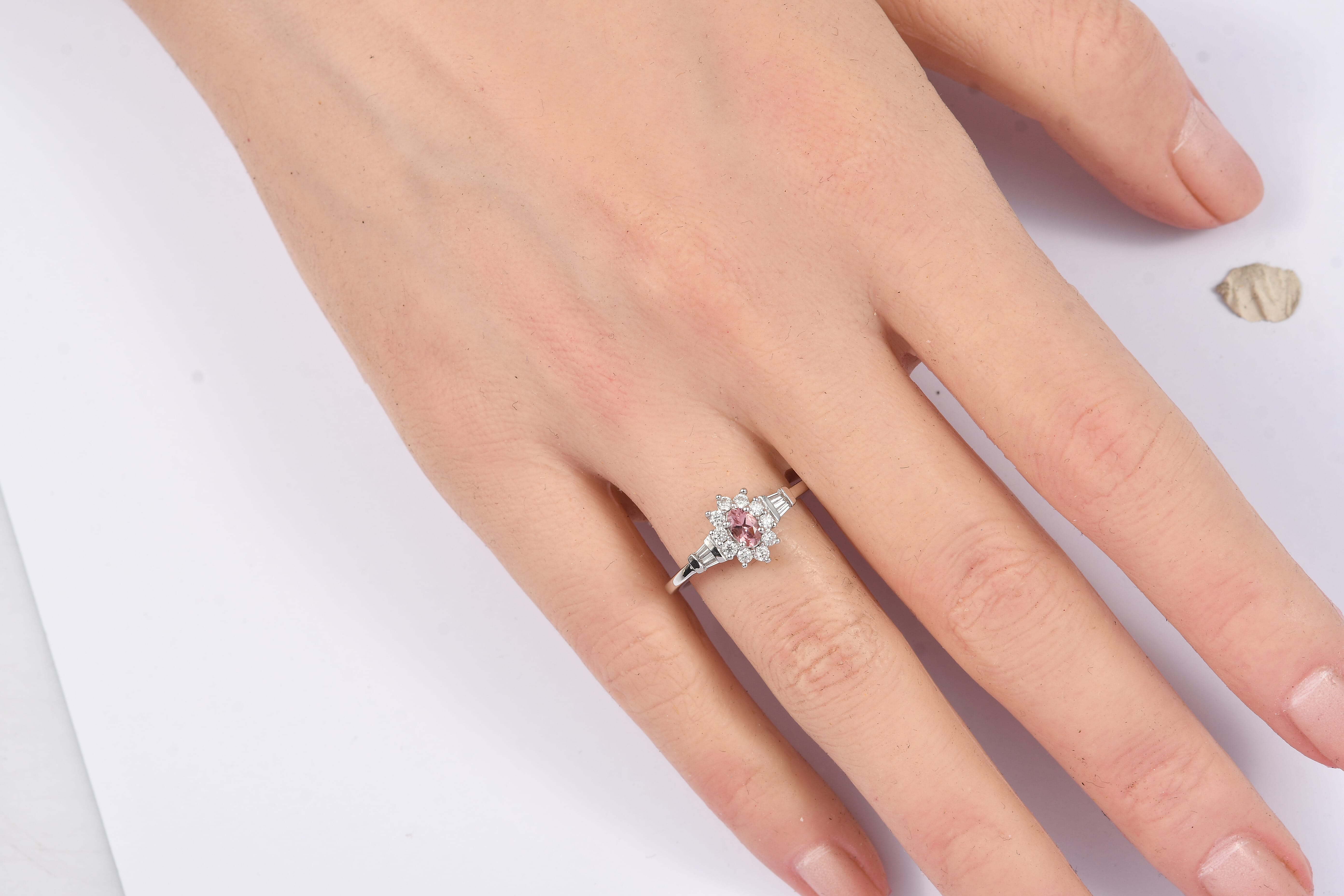 D'Joy Premium Blush Tourmaline and Moissanite 0.70 ctw Timeless Rose Halo Ring in Rhodium Over Sterling Silver (Size 5.0)