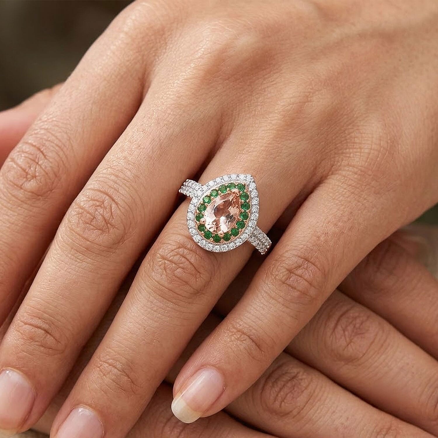 D'Joy Premium Blush Tourmaline and Multi Gemstone 1.50 ctw Blush Royale Pear Ring in 18K Vermeil Rose Gold Over Sterling Silver (Size 10.0)