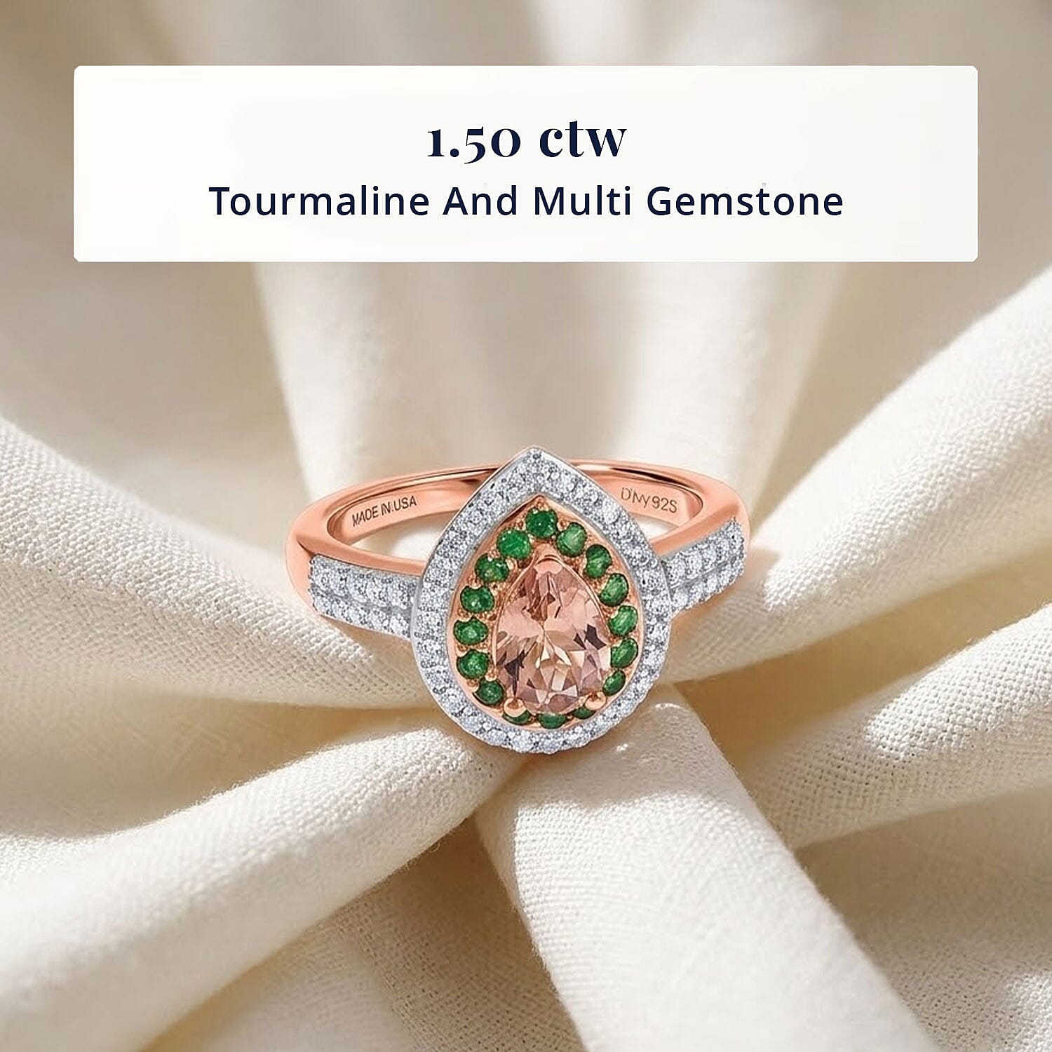 D'Joy Premium Blush Tourmaline and Multi Gemstone 1.50 ctw Blush Royale Pear Ring in 18K Vermeil Rose Gold Over Sterling Silver (Size 10.0)