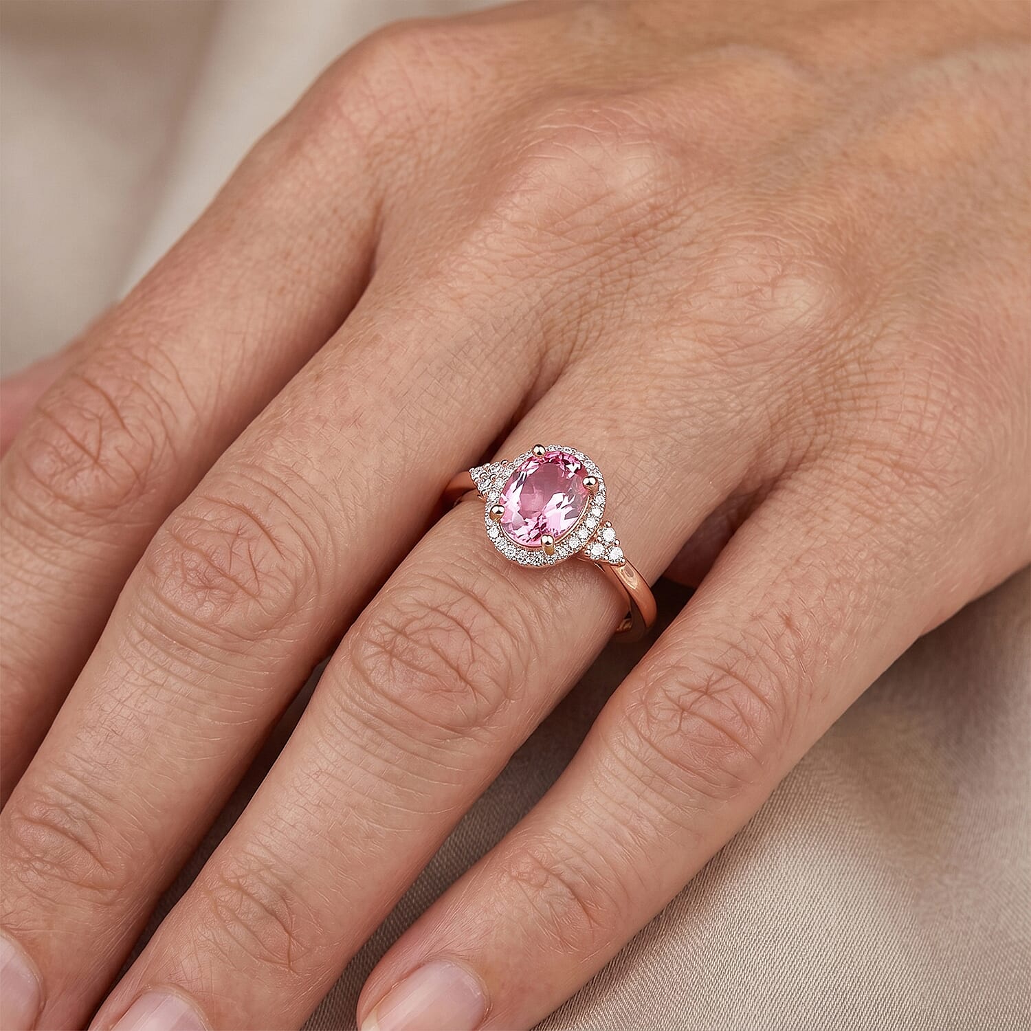 Premium Blush Tourmaline and Luxuriant Lab Grown Diamond (G-H, SI) (0.17 cts) 1.50 ctw Timeless Blush Halo Ring in 18K Vermeil Rose Gold Over Sterling Silver (Size 6.0)
