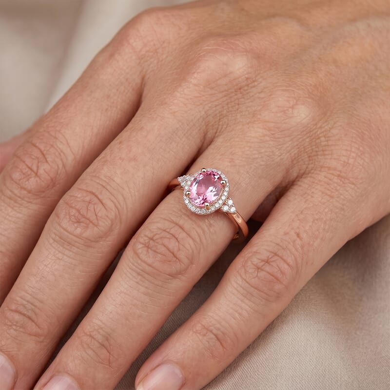 Premium Blush Tourmaline and Luxuriant Lab Grown Diamond (G-H, SI) (0.17 cts) 1.50 ctw Timeless Blush Halo Ring in 18K Vermeil Rose Gold Over Sterling Silver (Size 6.0)