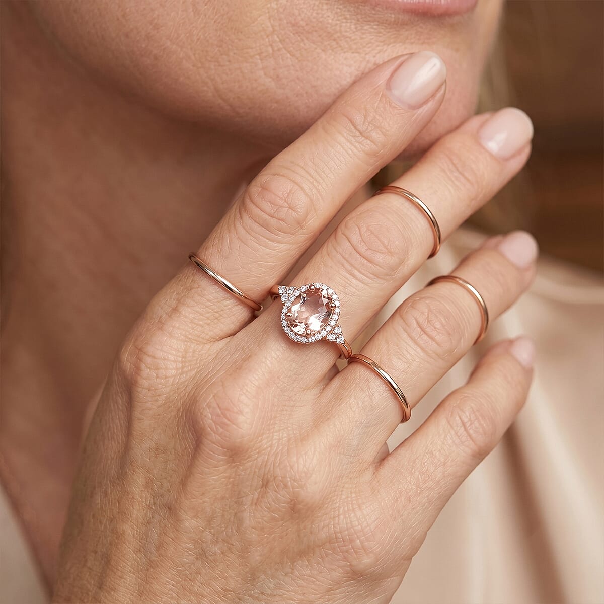Premium Blush Tourmaline and Luxuriant Lab Grown Diamond (G-H, SI) (0.17 cts) 1.50 ctw Timeless Blush Halo Ring in 18K Vermeil Rose Gold Over Sterling Silver (Size 6.0) image number 2