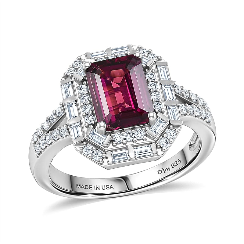 D'Joy Premium Radiant Ember Garnet and Moissanite 2.60 ctw Octagonal Window Ring in Rhodium Over Sterling Silver (Size 6.0)