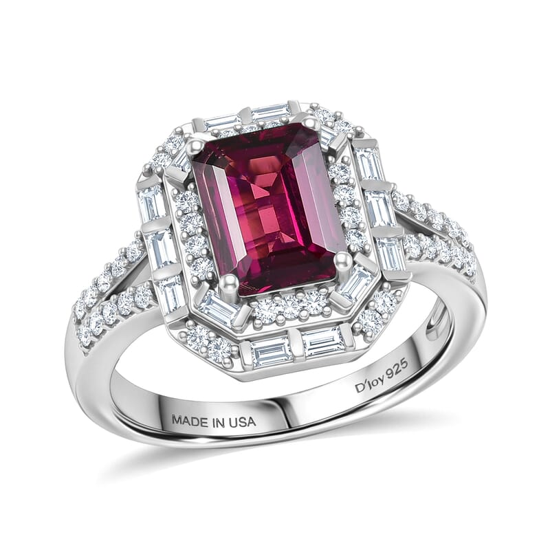 D'Joy Premium Radiant Ember Garnet and Moissanite 2.60 ctw Octagonal Window Ring in Rhodium Over Sterling Silver (Size 7.0)