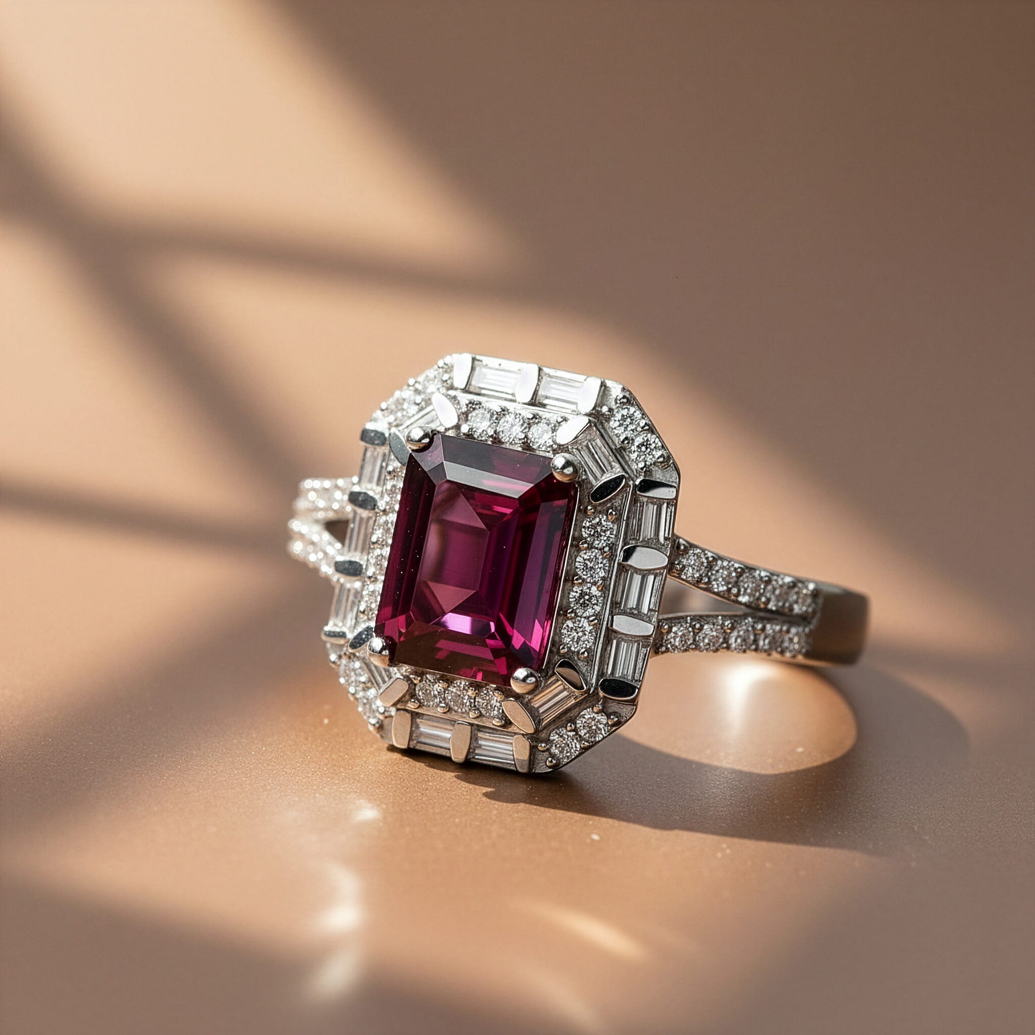 D'Joy Premium Radiant Ember Garnet and Moissanite 2.60 ctw Octagonal Window Ring in Rhodium Over Sterling Silver (Size 7.0)