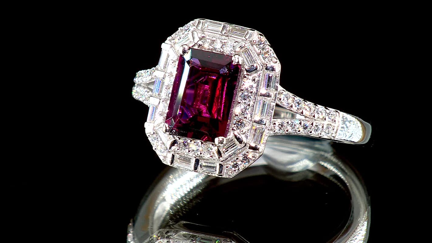 D'Joy Premium Radiant Ember Garnet and Moissanite 2.60 ctw Ring in Rhodium Over Sterling Silver