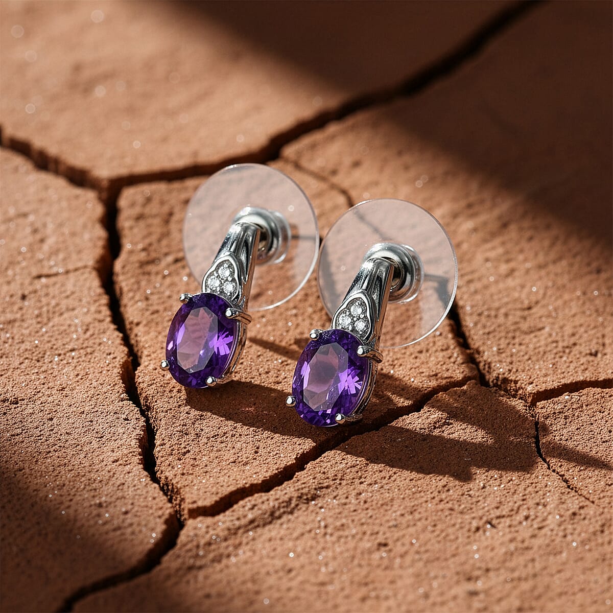 D'Joy African Amethyst, White Zircon Stud Earrings in Platinum Over Sterling Silver and Stainless Steel 2.50 ctw image number 1