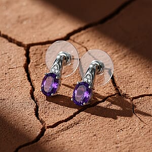 D'Joy African Amethyst, White Zircon Stud Earrings in Platinum Over Sterling Silver and Stainless Steel 2.50 ctw