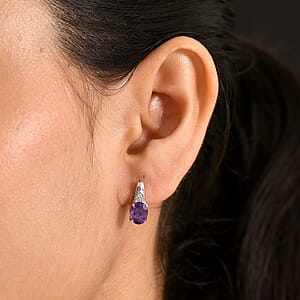 D'Joy African Amethyst, White Zircon Stud Earrings in Platinum Over Sterling Silver and Stainless Steel 2.50 ctw