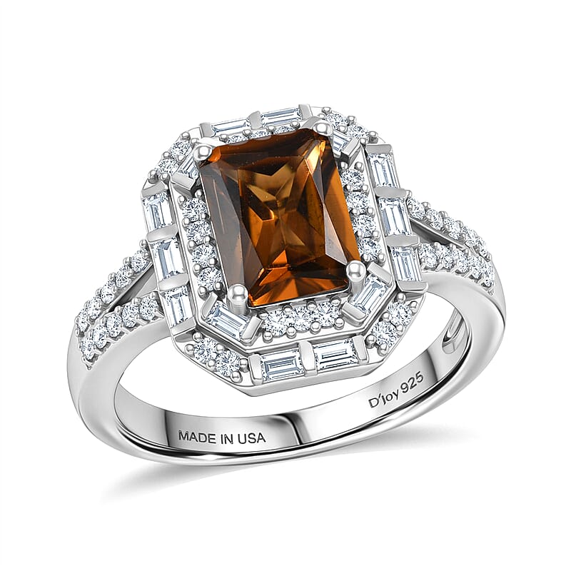 D'Joy Premium Golden Turkizite and Moissanite 2.30 ctw Octagonal Window Ring in Rhodium Over Sterling Silver (Size 6.0)